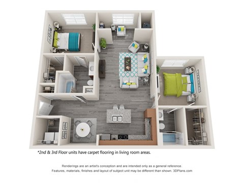 a 3 bed floor unit with large carpet flooring in living room area